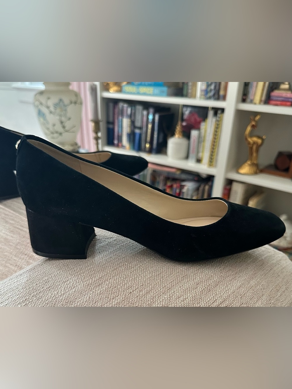 Real Suede/leather Low Block Heel Pumps